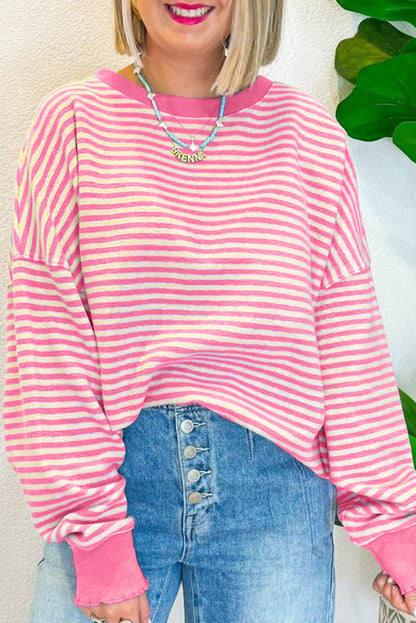 Green Stripe Drop Shoulder Long Sleeve Top