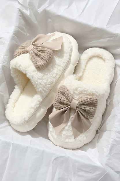 Pink Contrast Bowknot Applique Plush Winter Slippers(back-order Estimated Shipping Date：11/30/2024)