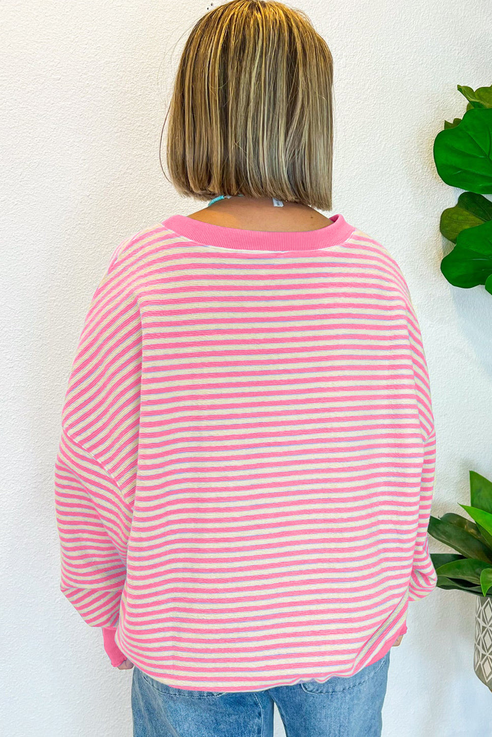 Green Stripe Drop Shoulder Long Sleeve Top