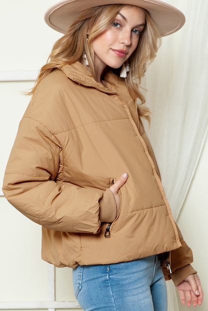 Brown Solid Zip Up Pocketed Puffer Coat