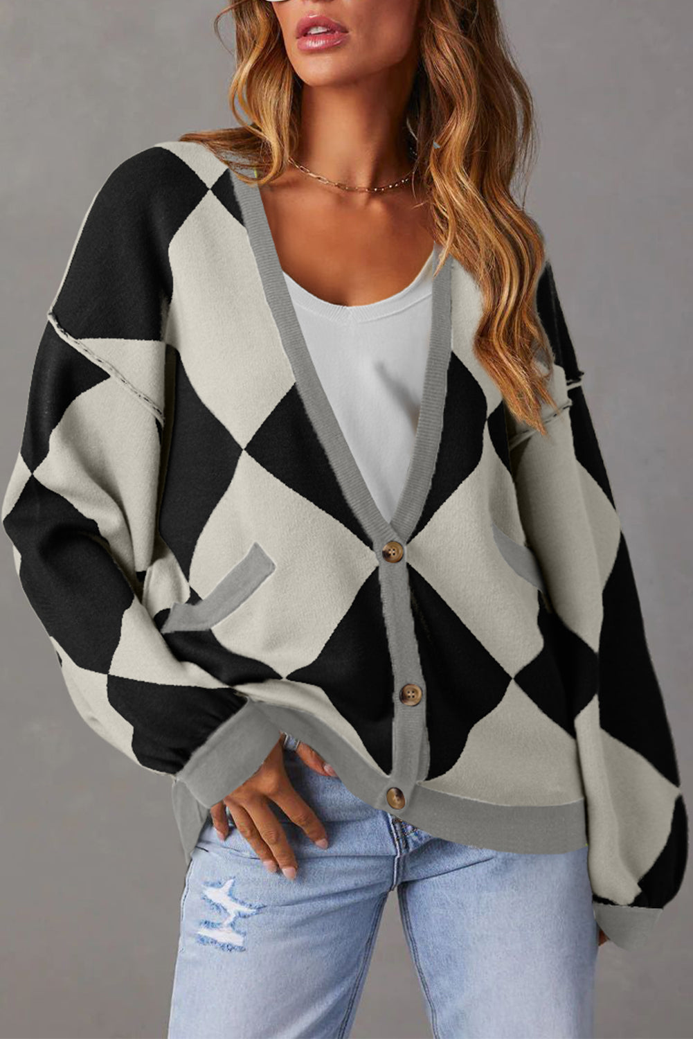 Black Checkered Pattern Drop Shoulder Buttoned Loose Cardigan