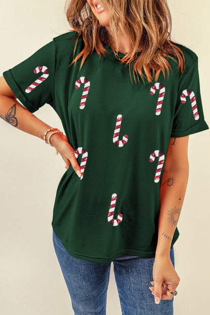 Green Christmas Candy Cane Round Neck T Shirt