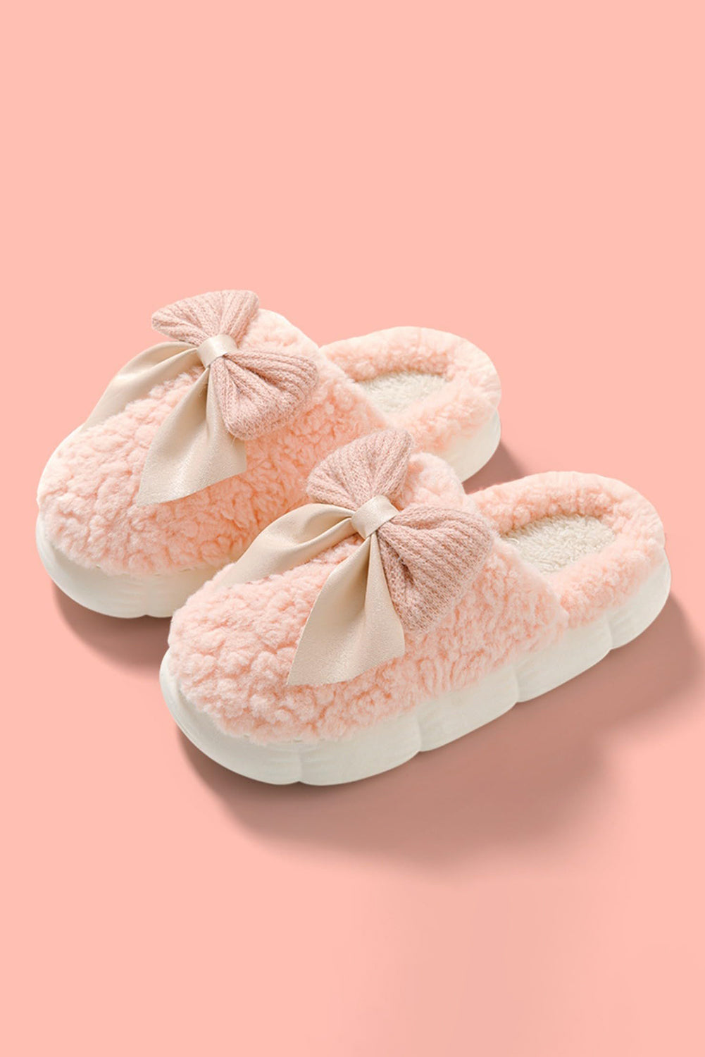 Pink Contrast Bowknot Applique Plush Winter Slippers(back-order Estimated Shipping Date：11/30/2024)