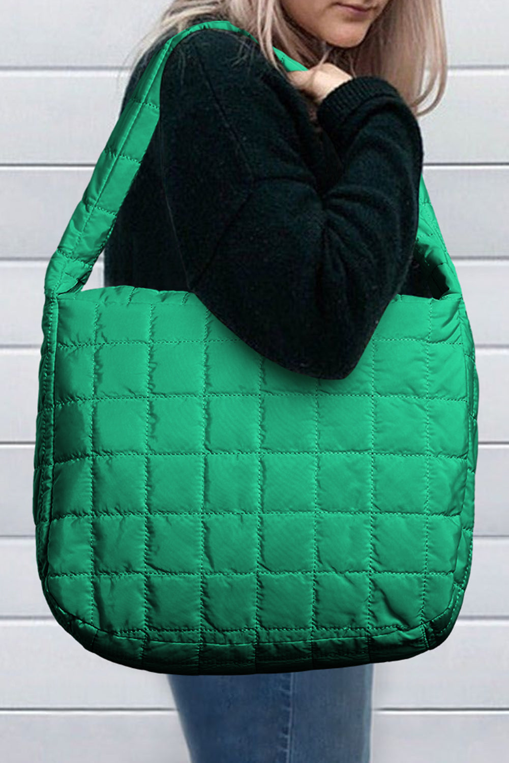 Dark Green Quilted Zipper Large Shoulder Bag