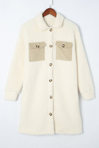 Beige Contrast Flap Pocket Single Breasted Teddy Coat