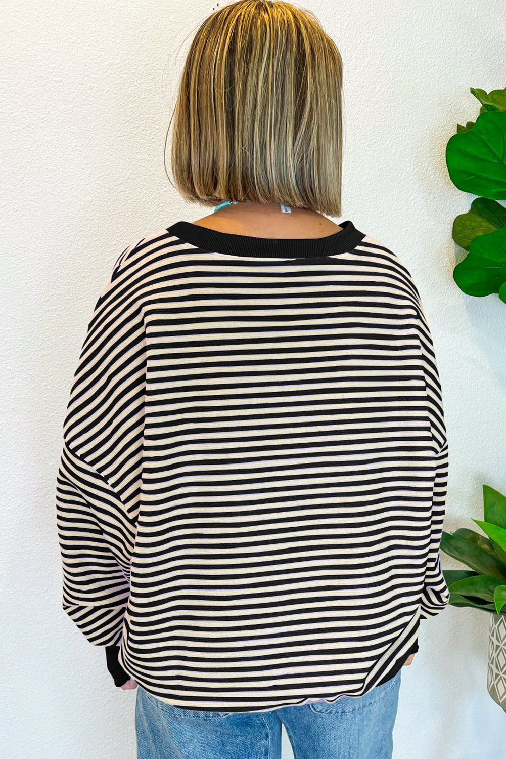 Green Stripe Drop Shoulder Long Sleeve Top