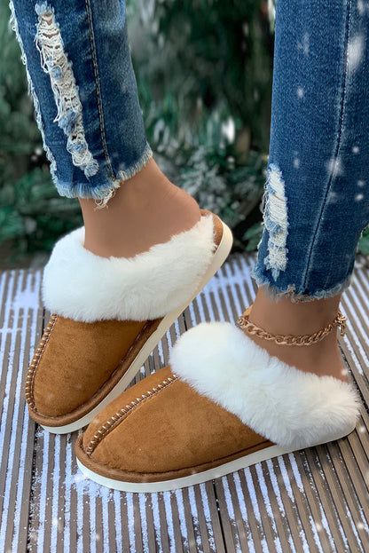 Camel Suede Plush Thick Sole Slides Shoes(back-order Estimated Shipping Date：11/30/2024)