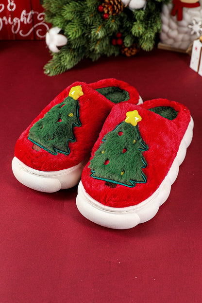 Fiery Red Christmas Tree Graphic Plush Slippers(back-order Estimated Shipping Date：11/30/2024)