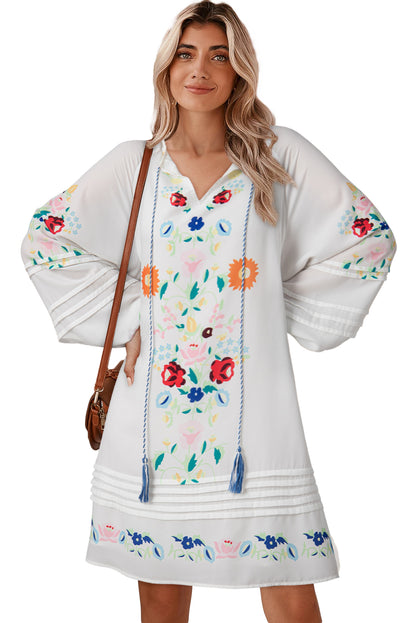 White Boho Floral Tassel Tie V Neck Mini Dress