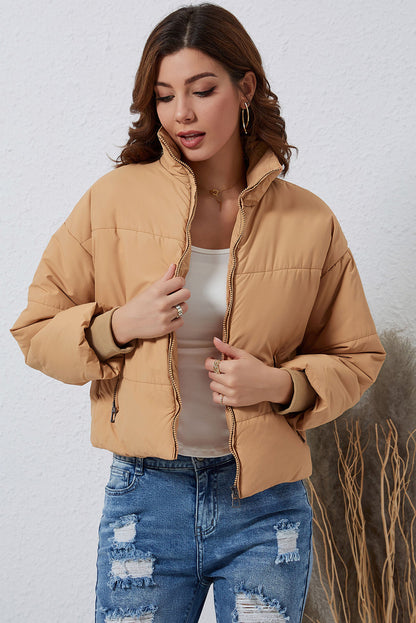 Brown Solid Zip Up Pocketed Puffer Coat