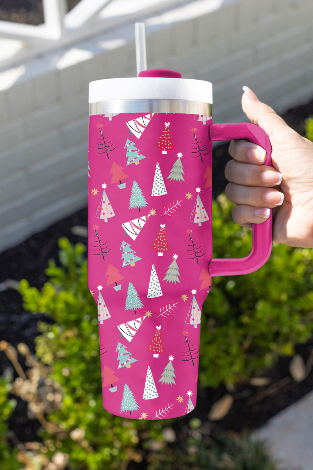 White Cartoon Christmas Tree Printed Thermos Cup