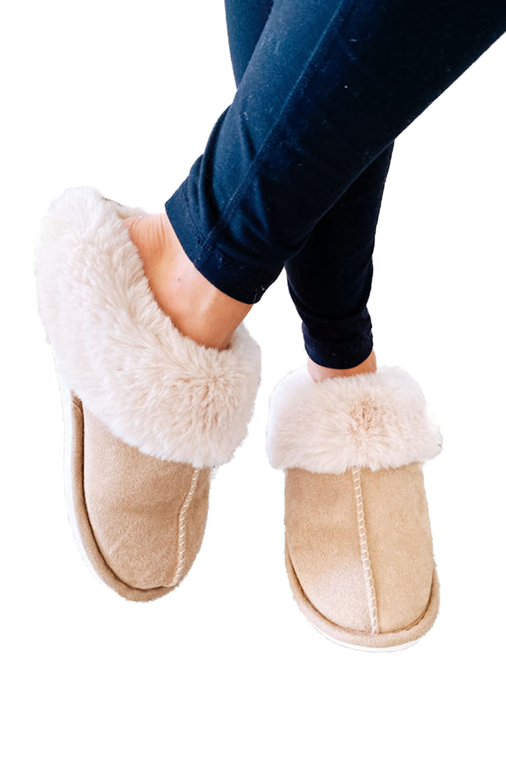 Khaki Faux Suede Plush Lined Open Heel Slippers(back-order Estimated Shipping Date：11/30/2024)