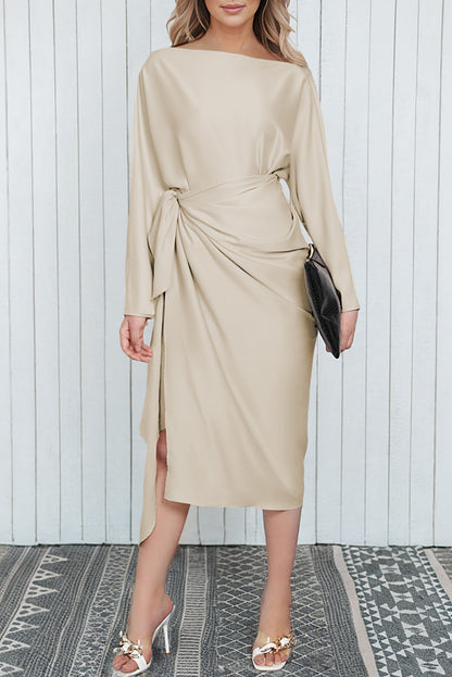 Apricot Satin Elegant Wrap Tie Side Boat Neck Long Sleeve Dress