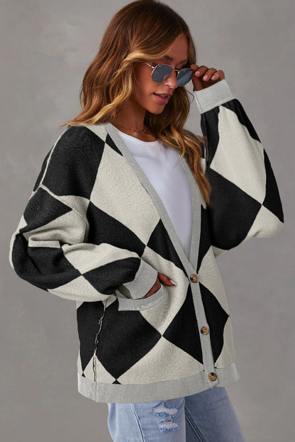 Black Checkered Pattern Drop Shoulder Buttoned Loose Cardigan