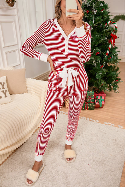 Red Stripe Buttoned V Neck Top and Knotted Waist Pants Pajama Set