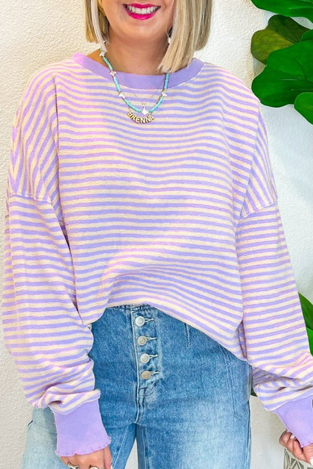 Green Stripe Drop Shoulder Long Sleeve Top