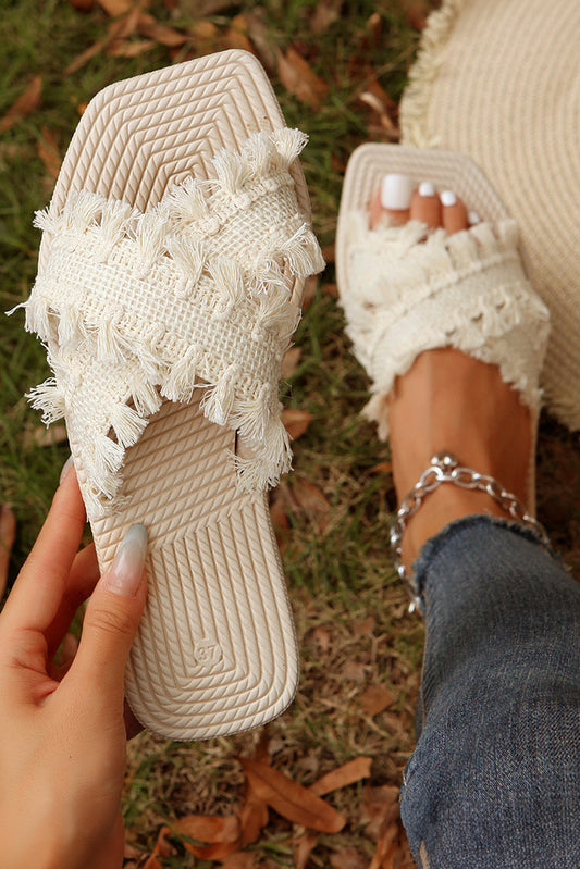 Beige Tassel Woven Crossed Straps Flat Slides Shoes(back-order Estimated Shipping Date：11/30/2024)