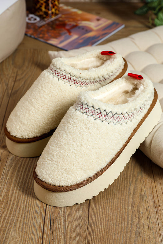 White Suede Contrast Print Plush Thick Sole Slippers(back-order Estimated Shipping Date：11/30/2024)