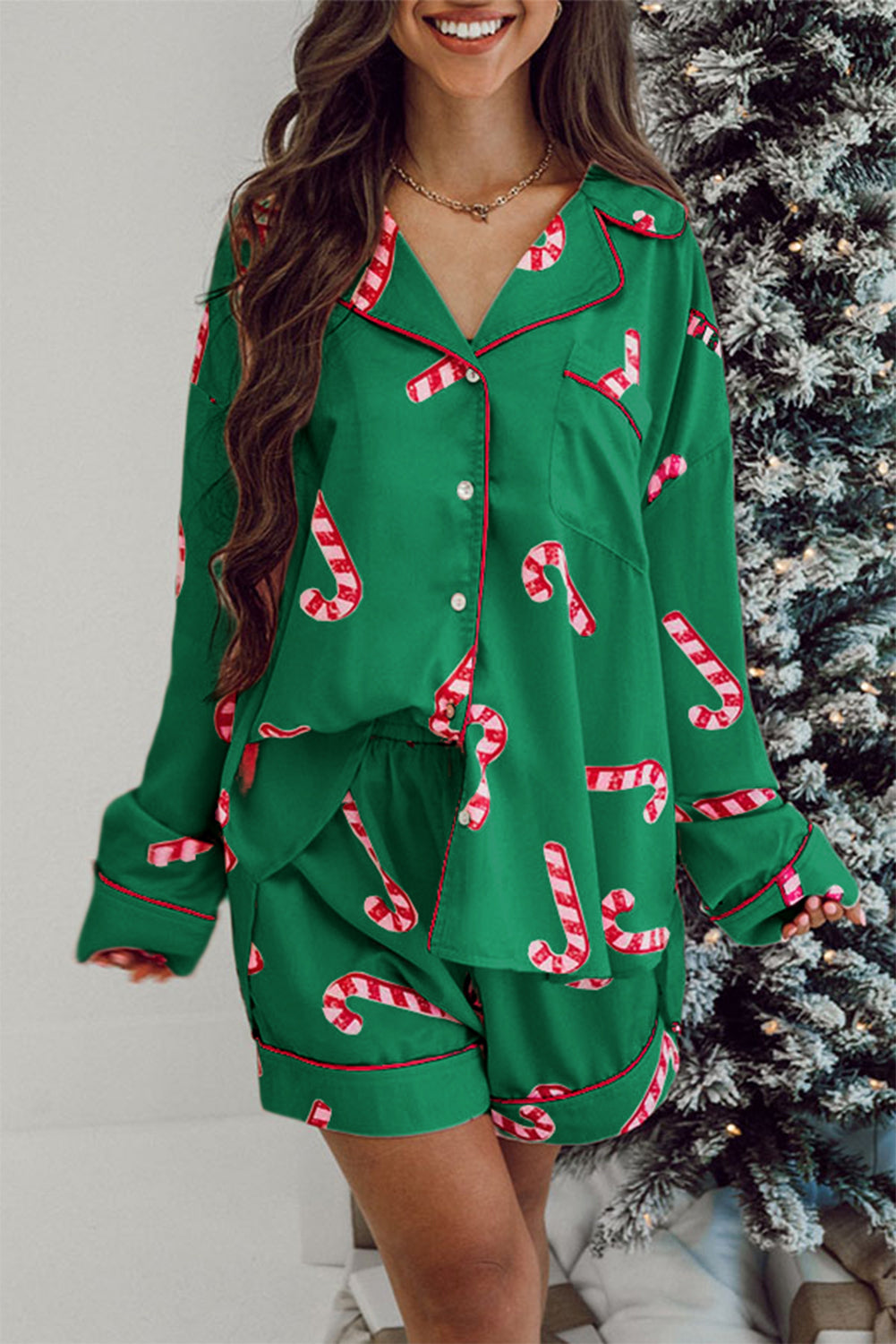 Pink Candy Cane Print Christmas Pajama Set