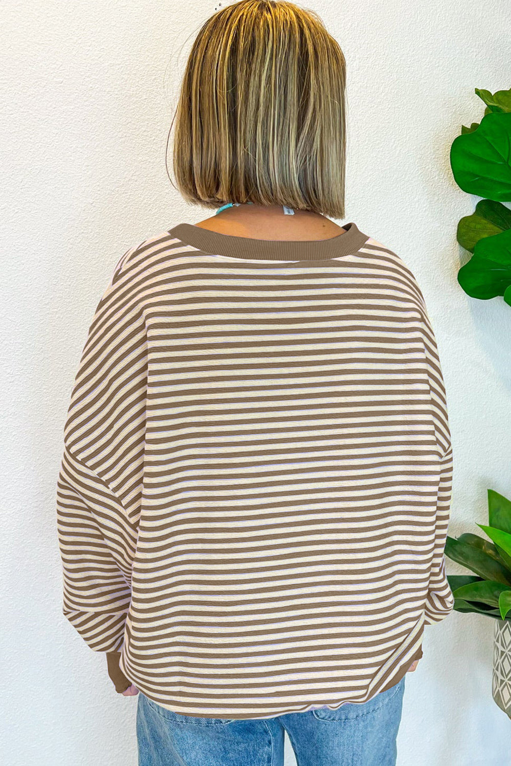 Green Stripe Drop Shoulder Long Sleeve Top