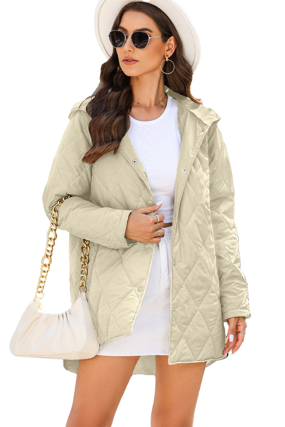 Beige Quilted Snap Button Hooded Puffer Coat