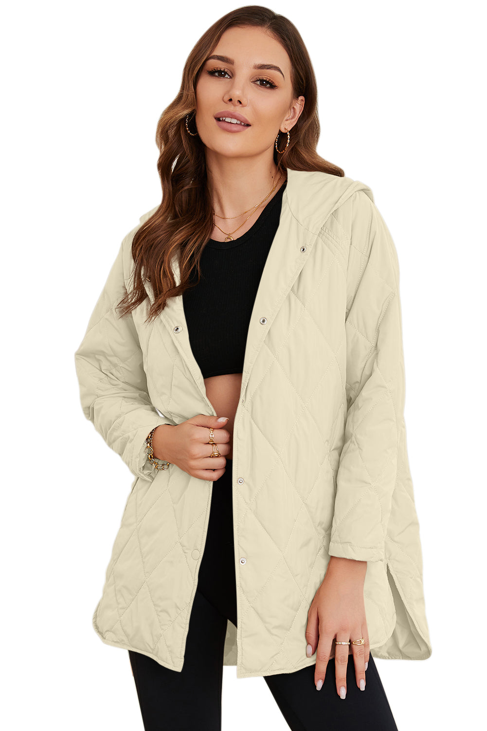 Beige Quilted Snap Button Hooded Puffer Coat