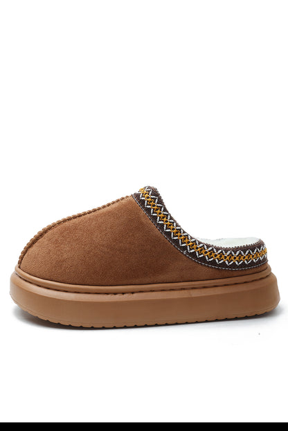 Chestnut Contrast Edge Suede Plush Lined Thick Sole Winter Slippers(back-order Estimated Shipping Date：11/30/2024)