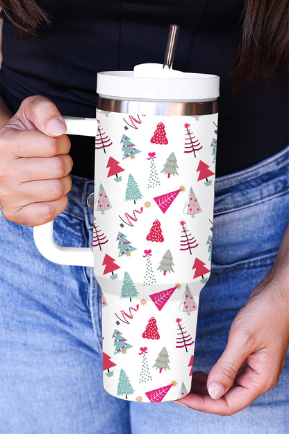 White Cartoon Christmas Tree Printed Thermos Cup