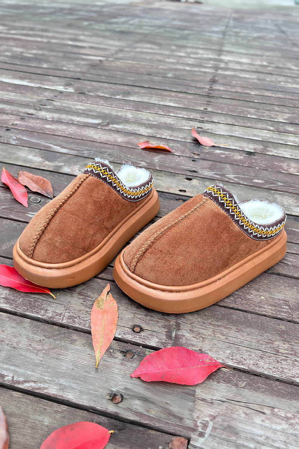 Chestnut Contrast Edge Suede Plush Lined Thick Sole Winter Slippers(back-order Estimated Shipping Date：11/30/2024)