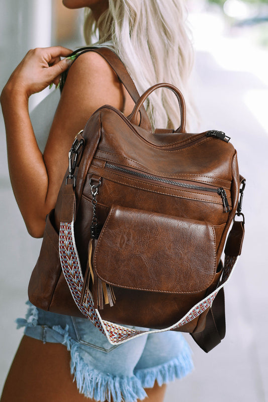 Dark Brown Tassel Decor Retro PU Large Capacity Backpack (back-order Estimated Shipping Date：11/30/2024)