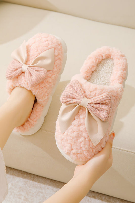 Pink Contrast Bowknot Applique Plush Winter Slippers(back-order Estimated Shipping Date：11/30/2024)