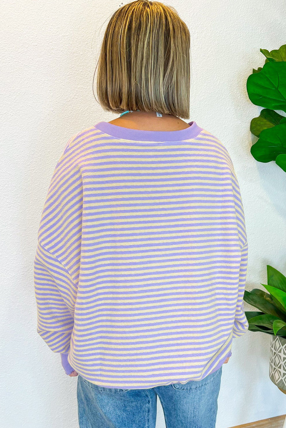 Green Stripe Drop Shoulder Long Sleeve Top