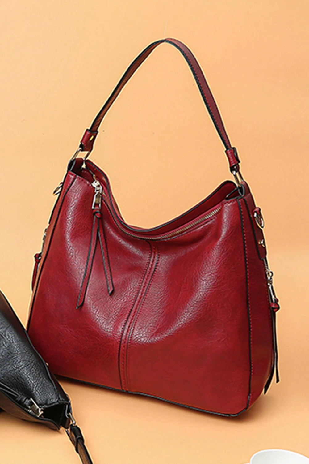 Fiery Red PU Leather Dual Belted Large Tote Bag