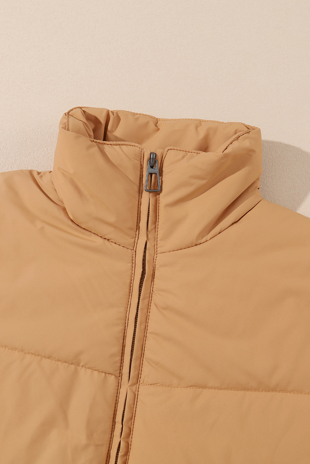 Brown Solid Zip Up Pocketed Puffer Coat