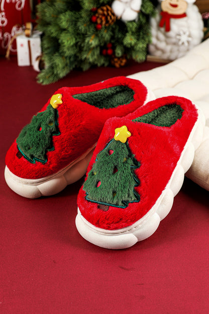 Fiery Red Christmas Tree Graphic Plush Slippers(back-order Estimated Shipping Date：11/30/2024)