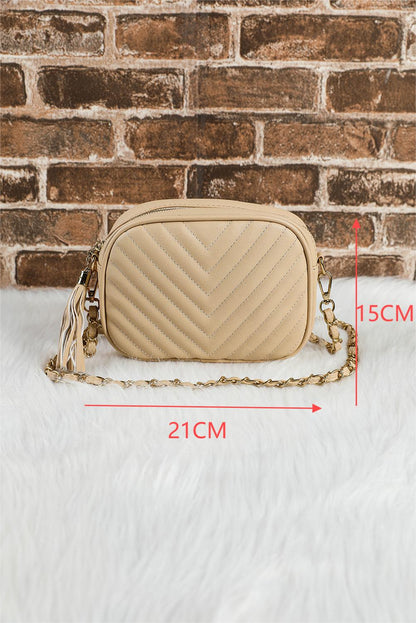 Oatmeal Chevron Stitch PU Leather Chain Strap Shoulder Bag