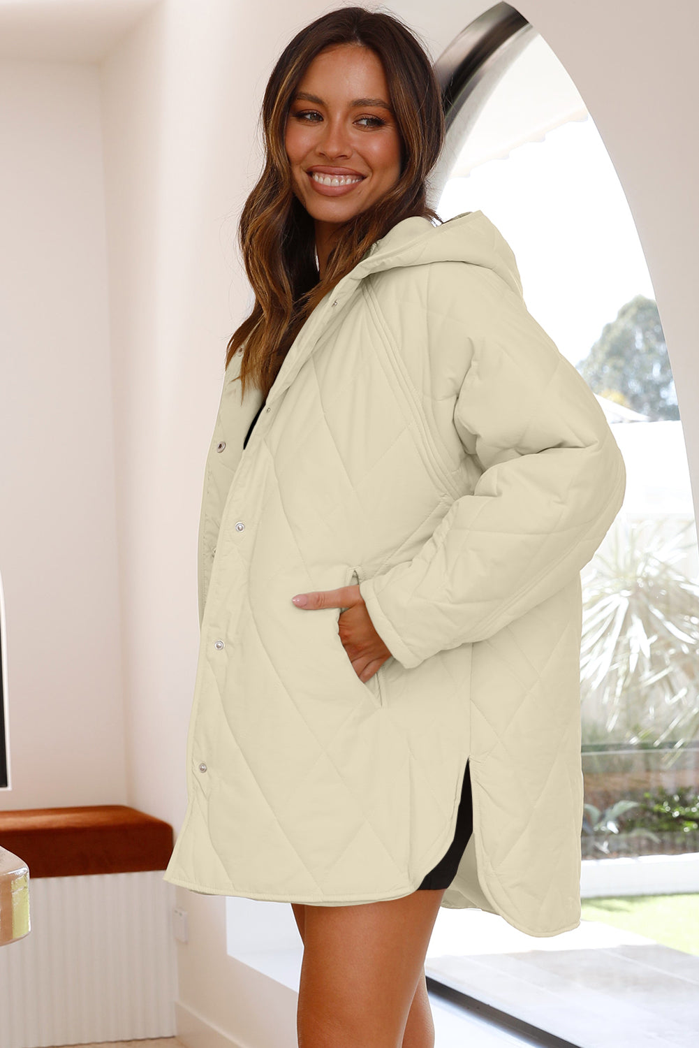 Beige Quilted Snap Button Hooded Puffer Coat