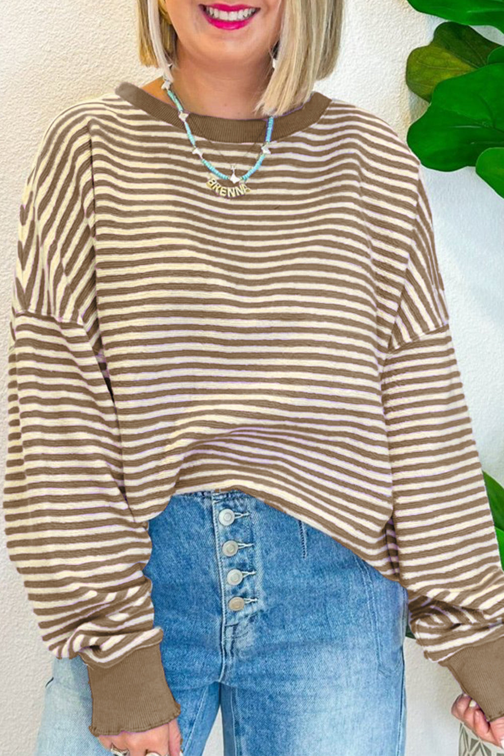 Green Stripe Drop Shoulder Long Sleeve Top