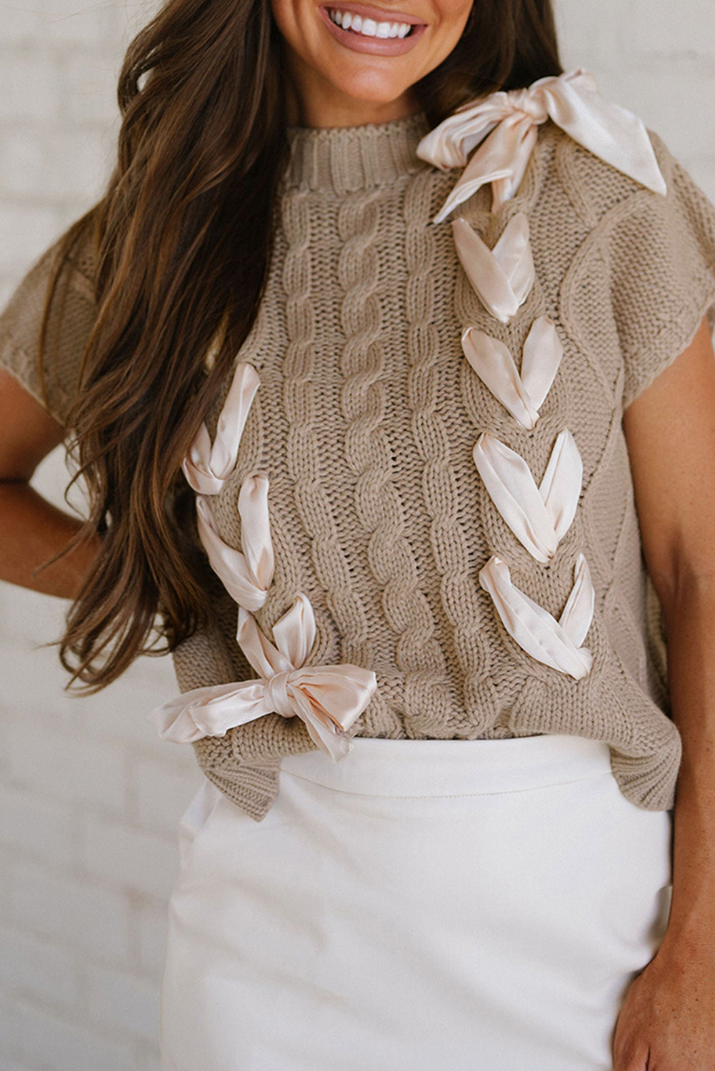 White Sweet Satin Bowknot Cable Knit Top