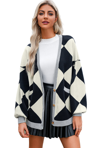 Black Checkered Pattern Drop Shoulder Buttoned Loose Cardigan