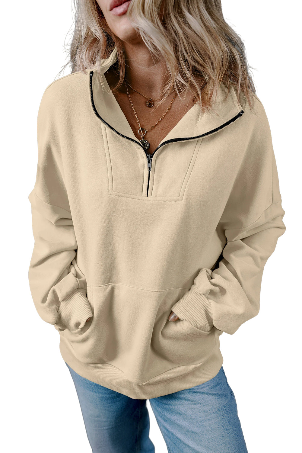 Bonbon Zip-up Stand Neck Kangaroo Pocket Sweatshirt