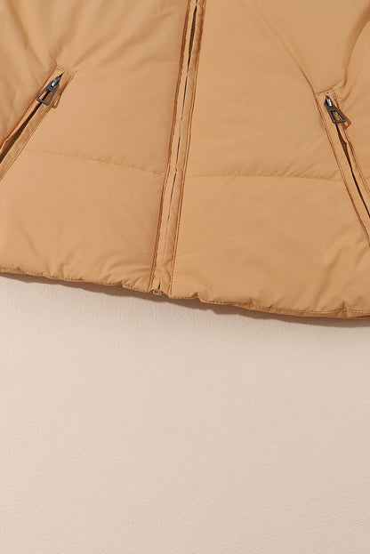 Brown Solid Zip Up Pocketed Puffer Coat