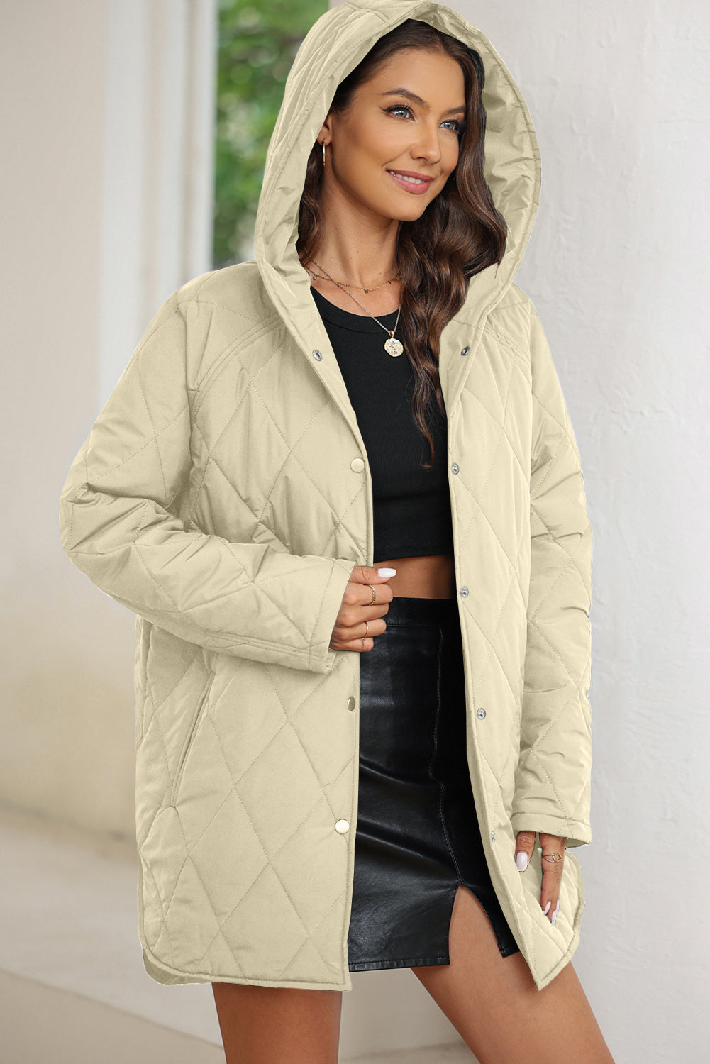 Beige Quilted Snap Button Hooded Puffer Coat