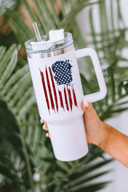 White American Flag Print Stainless Steel Portable Tumbler Mug with Straw