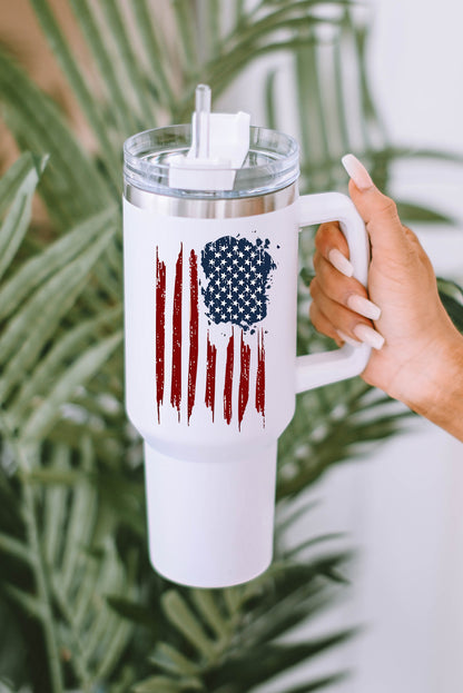 White American Flag Print Stainless Steel Portable Tumbler Mug with Straw