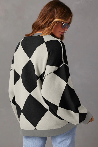 Black Checkered Pattern Drop Shoulder Buttoned Loose Cardigan