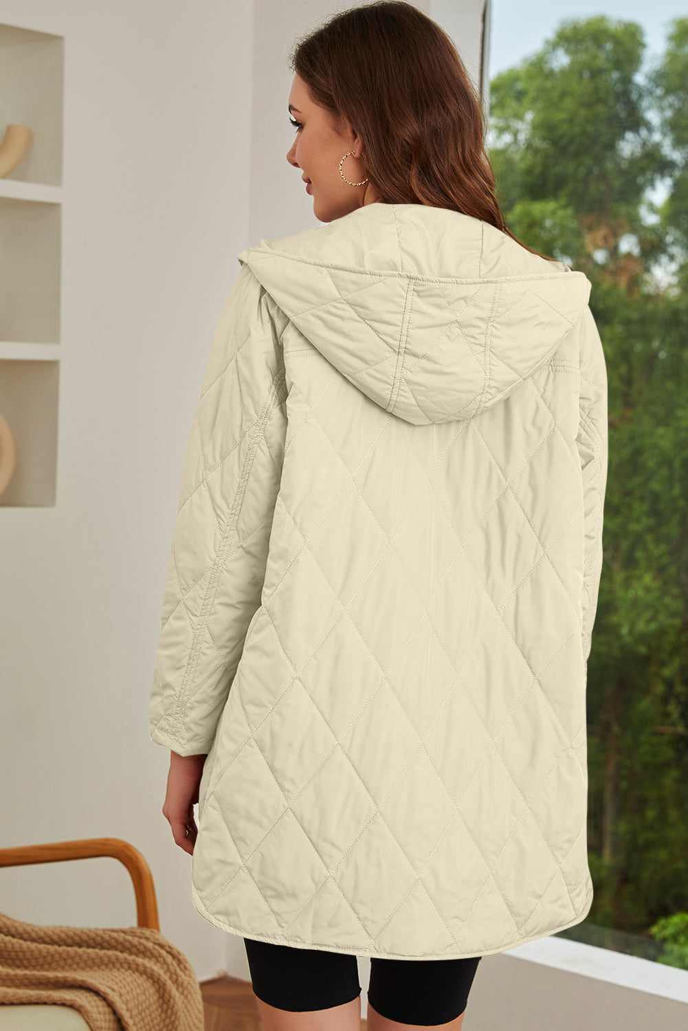 Beige Quilted Snap Button Hooded Puffer Coat