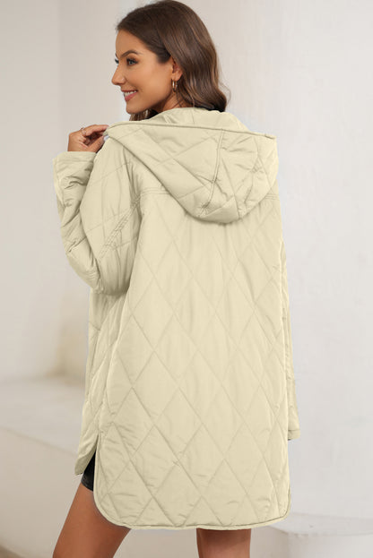 Beige Quilted Snap Button Hooded Puffer Coat