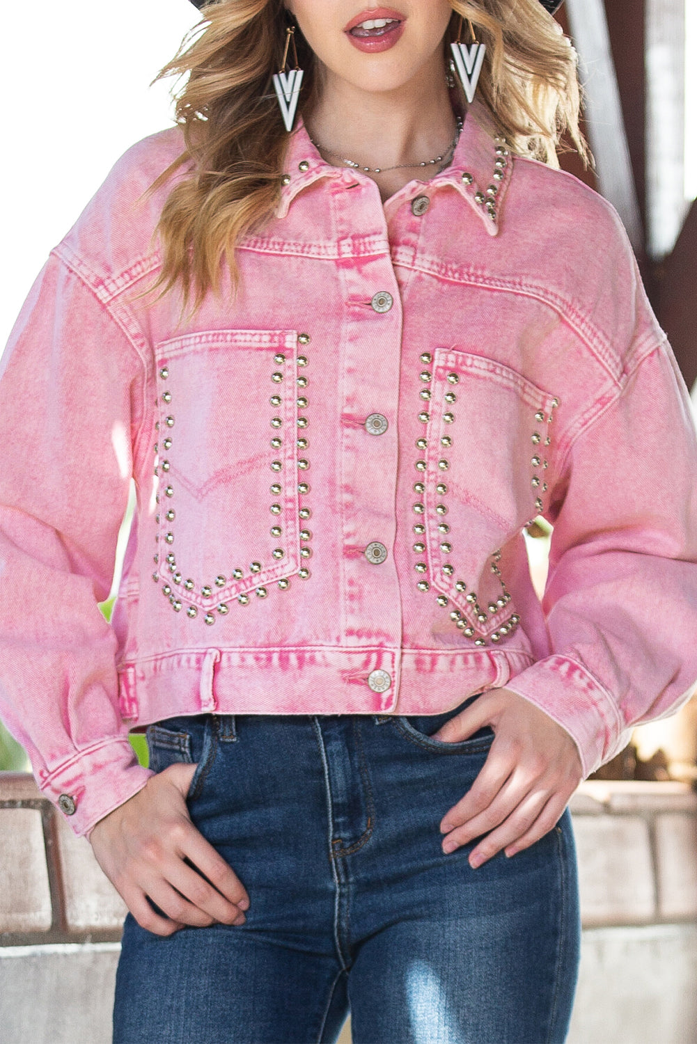 Pink Rivets Pocketed Cropped Denim Jacket