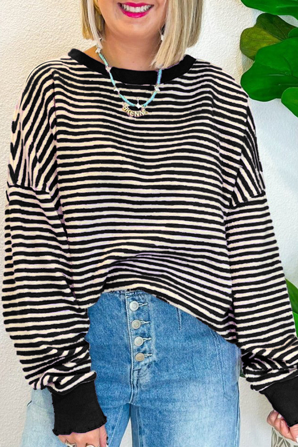 Green Stripe Drop Shoulder Long Sleeve Top